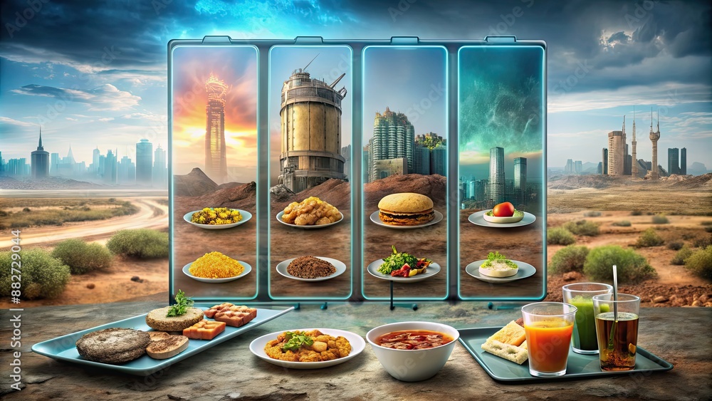 Poster Holographic menu displaying various food and drink options in a post-apocalyptic wasteland setting, Fallout