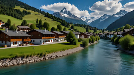 Obraz premium Swiss landscape with river stream and houses, mountain, blue water, white cloudy royal blue sky, photography 8k full ultra hd
