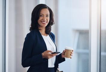 Portrait, law firm and businesswoman with phone, smile or connection for text message, news or chat. Office, lawyer or legal consultant typing on mobile app for reading article or planning schedule