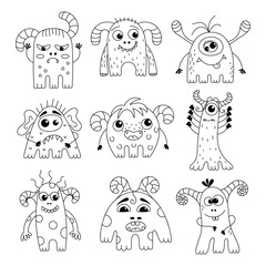 A set of nine black and white monsters with different emotions. Funny aliens and microbes. Design element. Colouring.