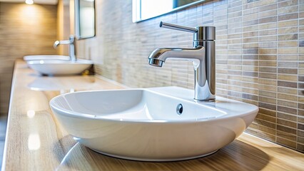 Fototapeta premium Modern clean bathroom sink with water tap running, promoting hygiene and cleanliness, water tap, faucet, flow water, bathroom, sink