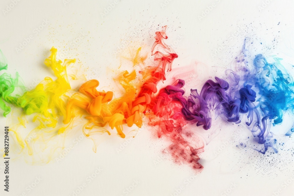 Poster a vibrant spectrum of colored smoke arcs elegantly against a warm, luminous backdrop, creating a dyn