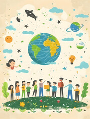 Fototapeta premium Group of People Creating Climate Change Project Plans with Earth Model 3D Flat Icon Concept