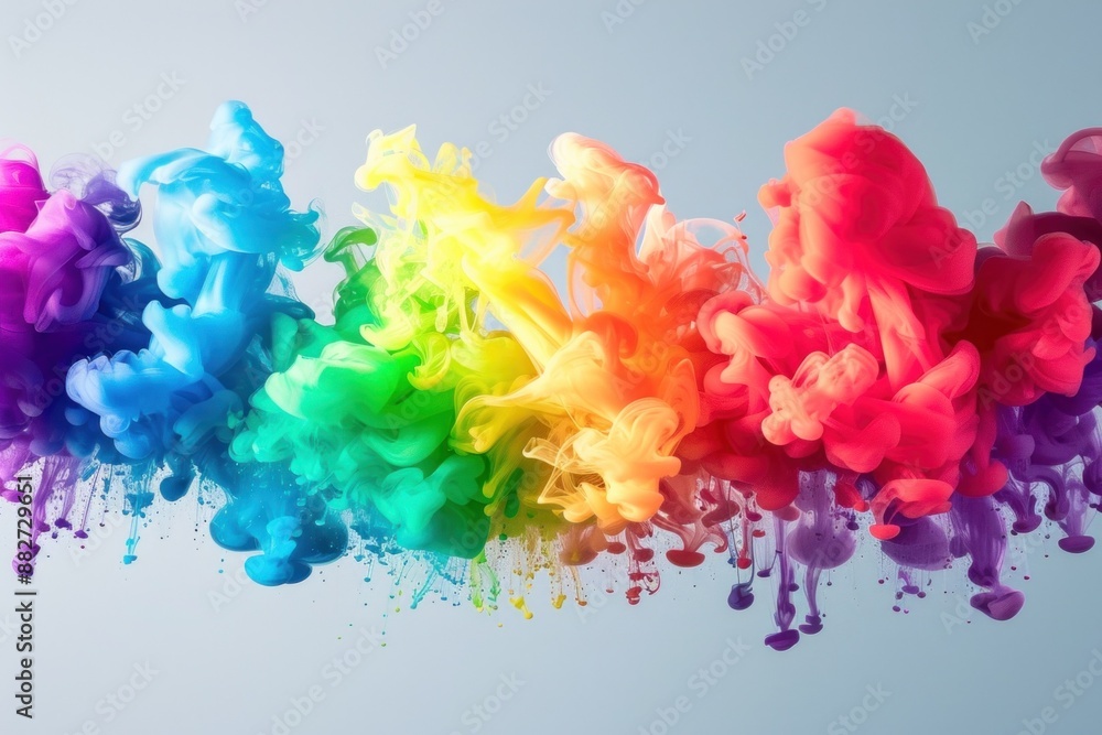 Poster a vibrant display of multicolored smoke clouds merging, creating a rainbow effect against a soft gra