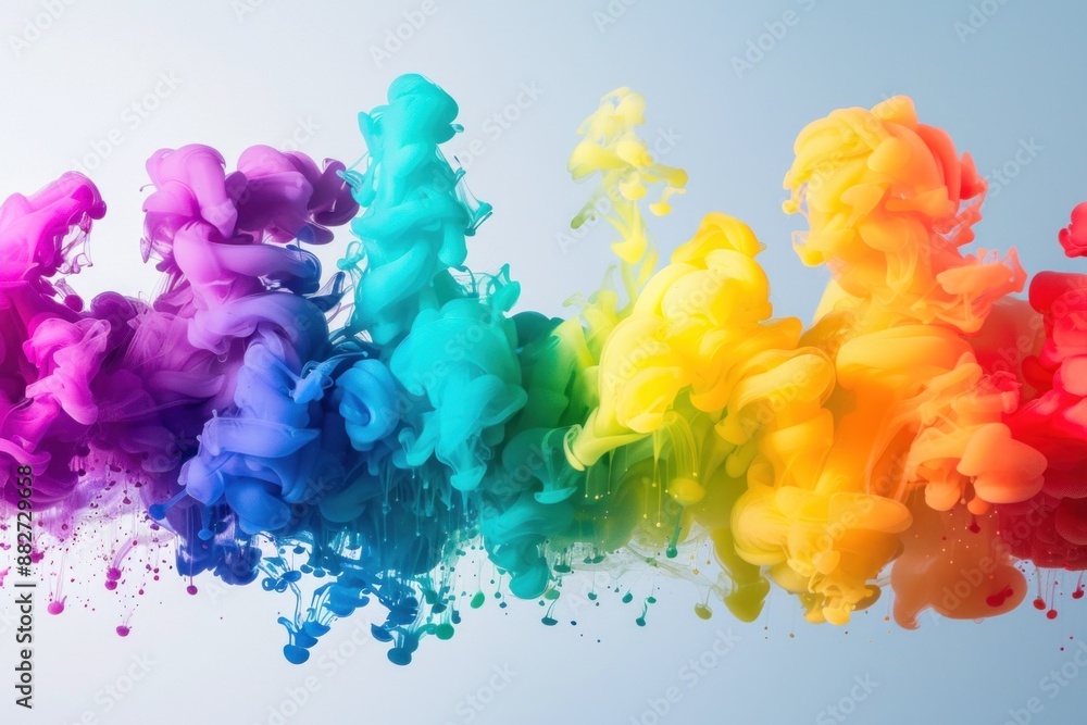 Poster a vibrant display of multicolored smoke clouds merging, creating a rainbow effect against a soft gra