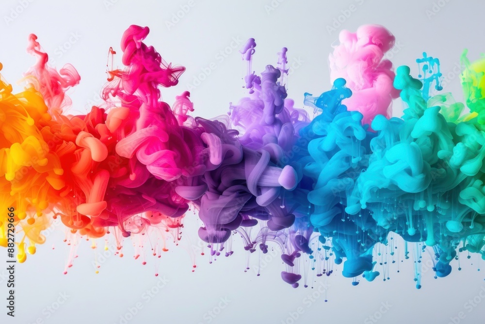 Poster a vibrant display of multicolored smoke clouds merging, creating a rainbow effect against a soft gra