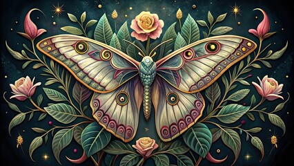 Fototapeta premium Moon moth butterfly with intricate rose patterns, embodying a dark academia witch aesthetic , moon phase, butterfly, occult