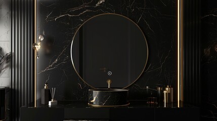A smart mirror with integrated virtual assistant, against a luxurious black and gold background