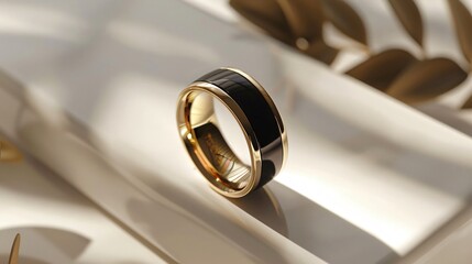A smart ring with embedded sensors, showcased on a minimalist white and gold background