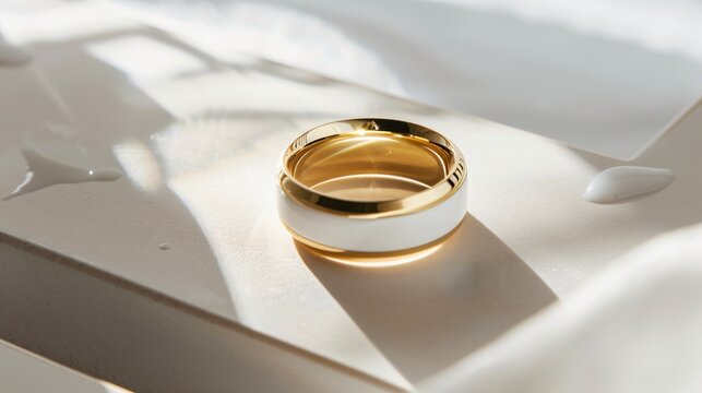 A smart ring with embedded sensors, showcased on a minimalist white and gold background