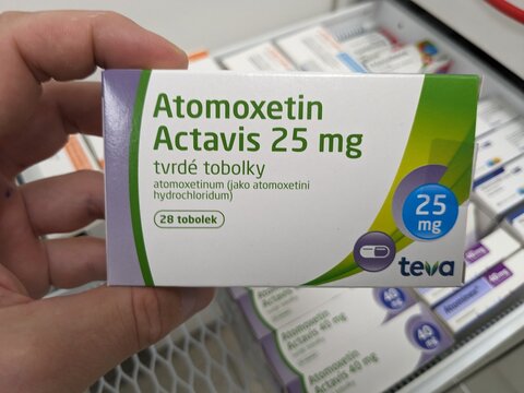 Prague, Czech Republic - July 10 2024: ATOMOXETIN ACTAVIS box of medication with ATOMOXETINE active substance by ACTAVIS, used for treatment of ADHD.