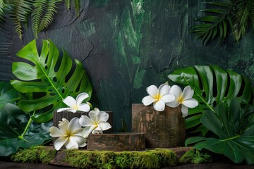Nature-themed podium scene with moss-covered stones, bird of paradise plants, white orchids, and ferns. Highlighted textures, green atmosphere. Product and promotion concept for advertising