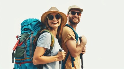 Happy tourist with backpack isolated on white background.