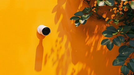 Smart home security camera with sleek design, on a bold orange background