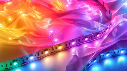 Smart LED strips with customizable colors, showcased on a vibrant rainbow background