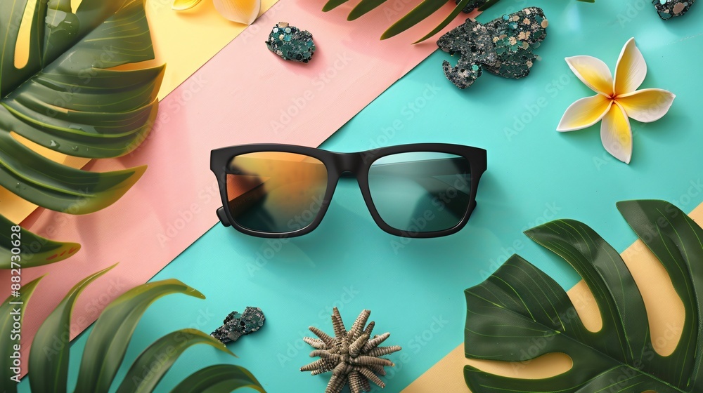 Wall mural Smart sunglasses with UV protection, against a beach-themed background