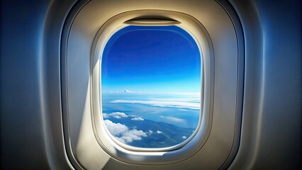 Isolated airplane window with clear blue sky, travel, transportation, aircraft, window, view, flying, journey