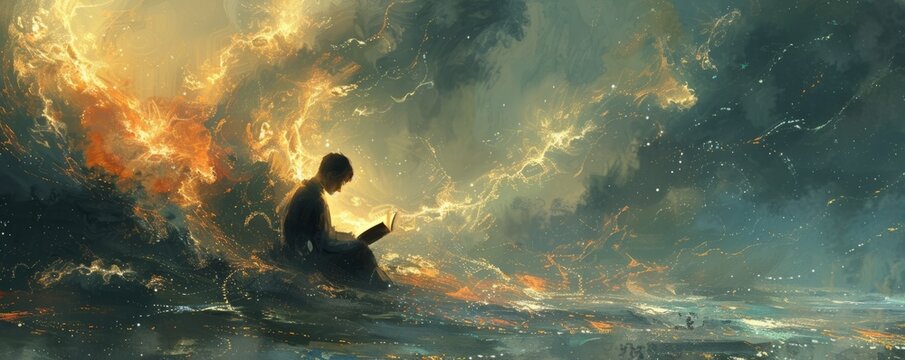 A serene portrait of a reader engrossed in a book, their mind transported to faraway lands and fantastical stories.