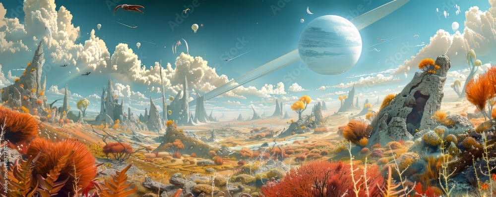 Poster a panoramic view of an alien planet with a landscape unlike anything on earth, filled with strange c