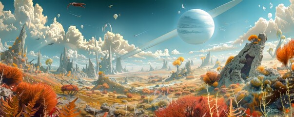 A panoramic view of an alien planet with a landscape unlike anything on Earth, filled with strange creatures and otherworldly plants.