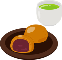 皿に盛った黒糖饅頭と緑茶