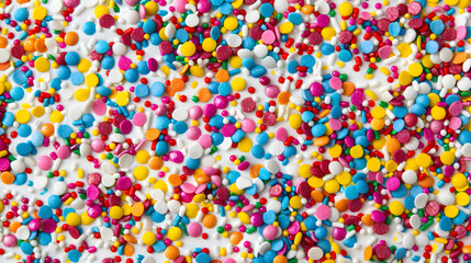 Imagine a beautiful white frosted cake adorned with colorful sprinkles, perfect for confectionery or dessert photography to capture intricate details in a captivating image