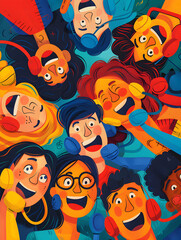 3D Flat Icons: People with Floating Conference Phones and Beaming Faces for Seamless Meetings