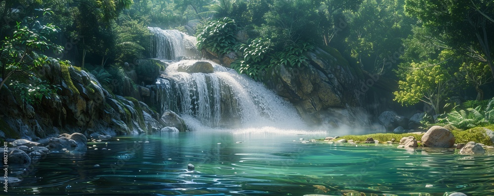Poster a tranquil waterfall hidden deep within a dense forest, its waters cascading into a pool below with 