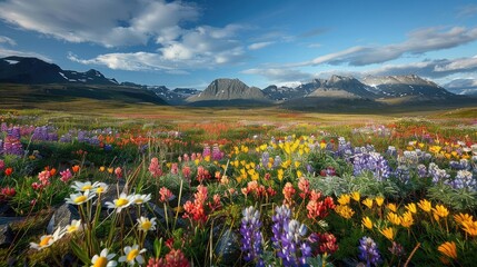 Fototapeta premium Arctic tundra with colorful wildflowers and distant mountains, highlighting unique ecosystems