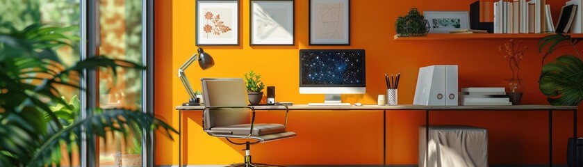 Bright home office with bold accent walls, modern furniture, and plenty of natural light, showcasing a stimulating workspace