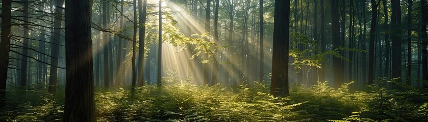 Dense forest with sunlight filtering through the trees, illustrating serenity and natural light