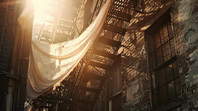 A glimpse of delicate fabric caught on a rusty fire escape elegantly dd against the rough edges of the alley walls.