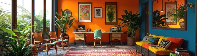 Home office with tropical decor, bright colors, and a vibrant atmosphere, illustrating an exotic and lively space