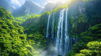 Majestic waterfall cascading down a lush green cliff, showcasing nature's raw beauty