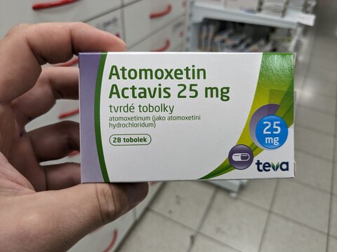 Prague, Czech Republic - July 10 2024: ATOMOXETIN ACTAVIS box of medication with ATOMOXETINE active substance by ACTAVIS, used for treatment of ADHD.