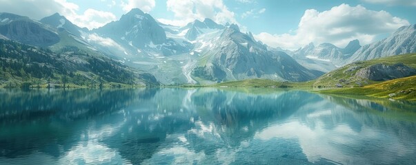 Serene alpine lake with reflection of mountains, symbolizing natural symmetry and peace