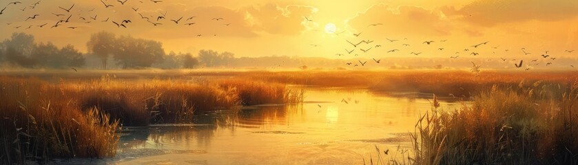 Serene coastal marsh with migratory birds and golden light, representing natural habitats