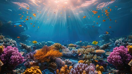 Fototapeta premium Vibrant coral garden with diverse marine life, illustrating underwater ecosystems