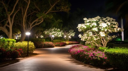 Residential landscaping  illuminated pathway and ambient lighting in modern garden design