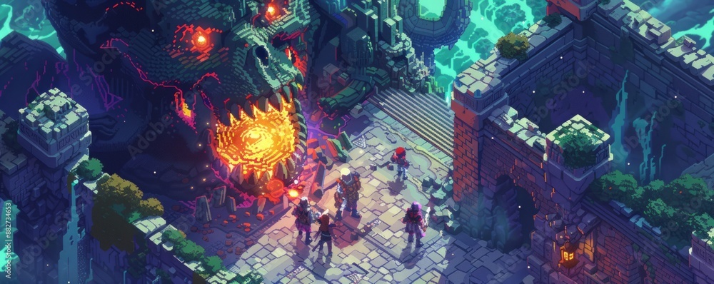Poster a pixel art rendition of a group of pixelated adventurers exploring a treacherous dungeon, their pix