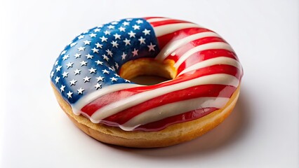 Doughnut with glazing in USA flag colors for patriotic holidays and events , Independence day, national holiday, elections, red