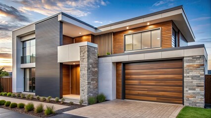 Exterior view of modern newly built house with unique wall cladding design, newly built, house, exterior