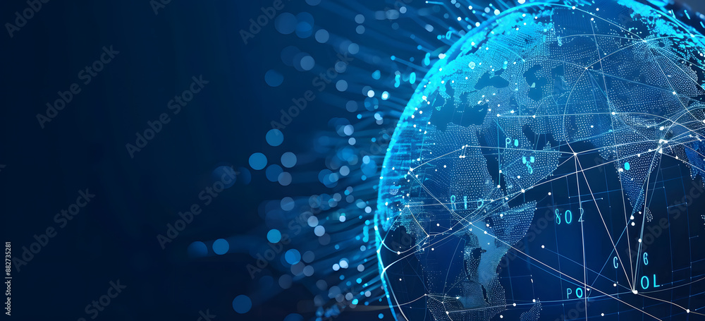 Poster blue hologram globe with world map with glowing data streams, ai global communication networks, virt