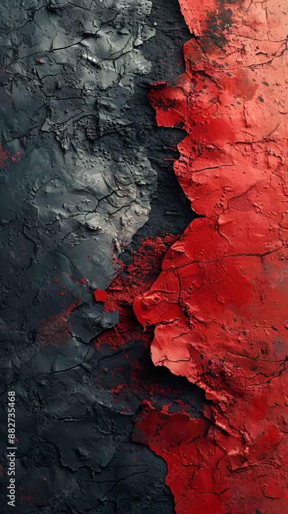 Poster an abstract textured image with a dramatic contrast of rugged black and vibrant red, creating a visu