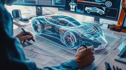 High-angle view of a digital composition showcasing an engineer engaged in drafting the outline of a futuristic car on lined paper. The detailed lines and contours reflect the engineer's commitment