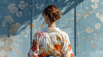 Fototapeta premium Wallpaper background of a woman in a kimono with a back view