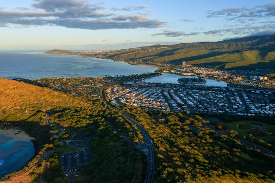 Aerial view of Honolulu suburb and coast of Oahu island, Hawaii
