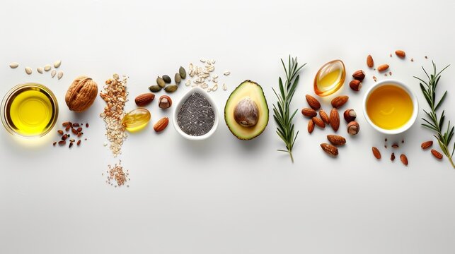 Variety of nutritious fats  avocado, nuts, seeds, olive oil display ready for customization