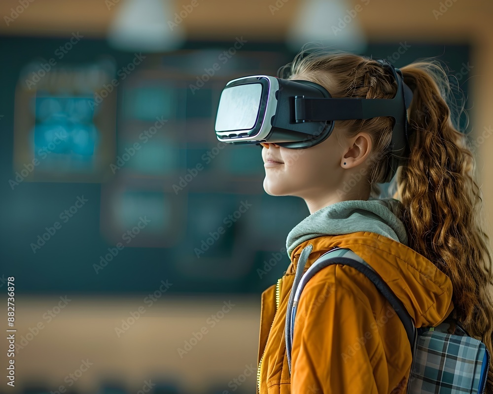 Aufkleber student wearing vr glasses attending virtual classroom with interactive lessons concept
