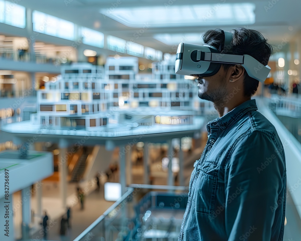 Poster architect exploring virtual building model with vr glasses in office